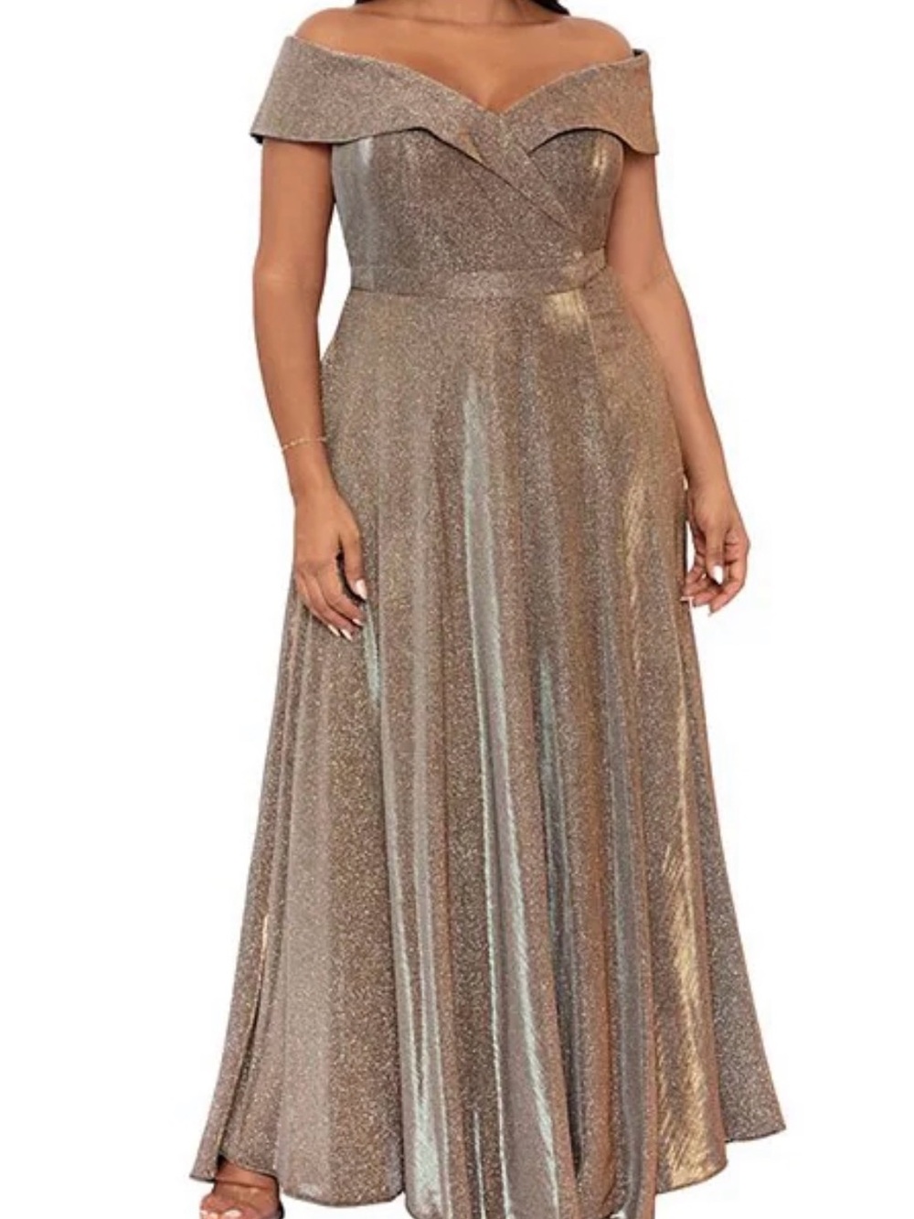 Xscape Metallic Champagne Off-Shoulder Maxi Gown